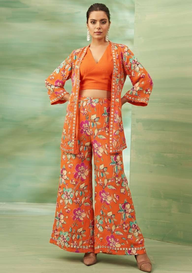 Orange Floral Print Crepe Fusion Set - Indya