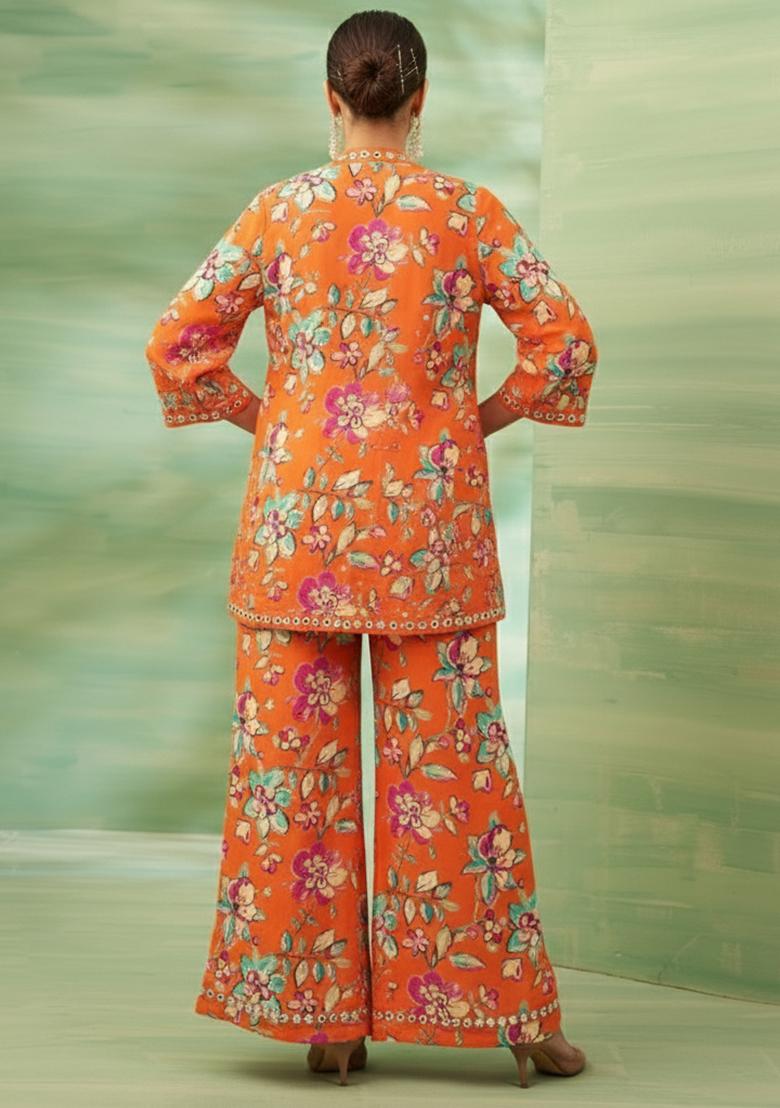 Orange Floral Print Crepe Fusion Set - Indya