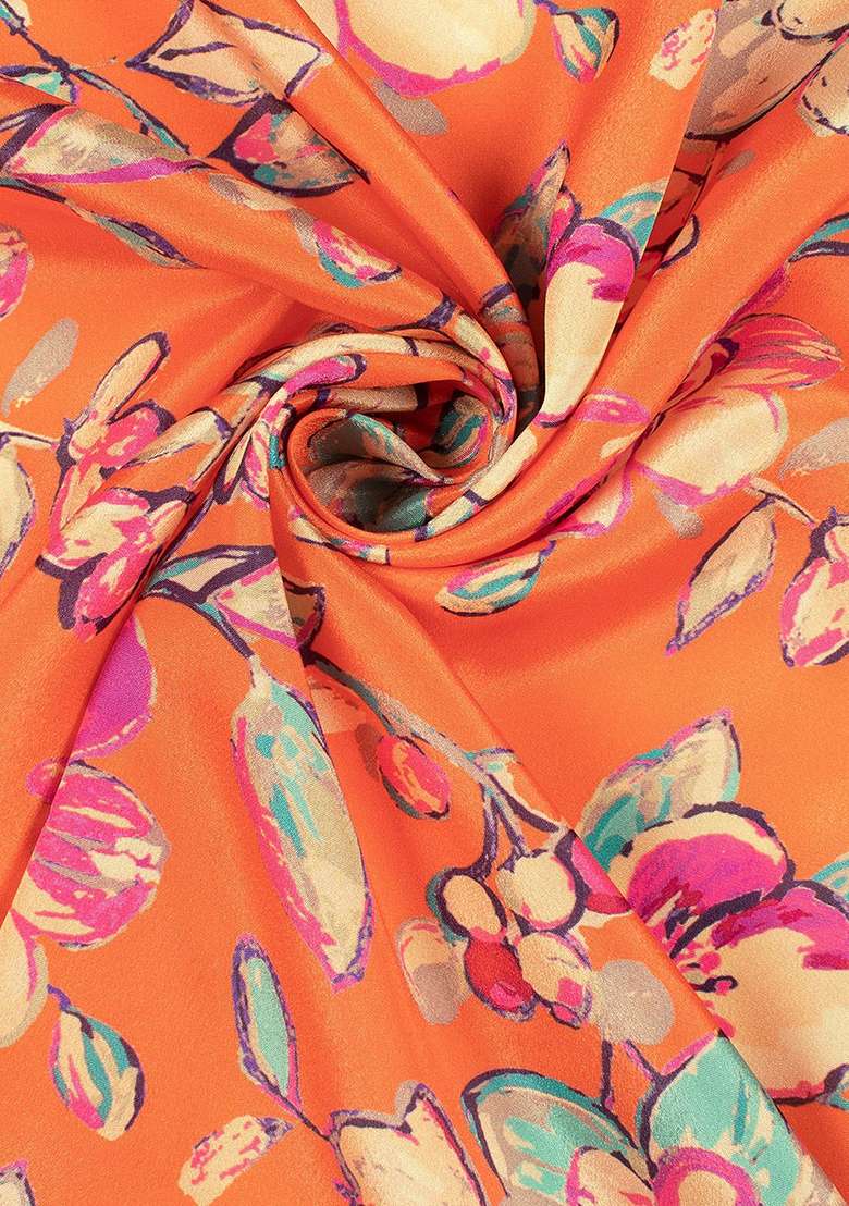 Orange Floral Print Crepe Fusion Set - Indya
