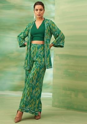 Dark Green Floral Print Crepe Fusion Set