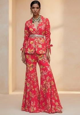 Red Floral Print Georgette Fusion Set