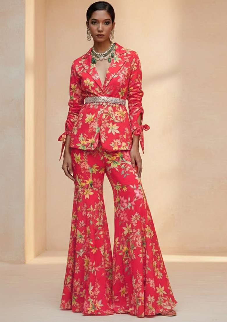Red Georgette Fusion Set with Floral Print for Diwali | Wedding & Festive Wear - Indya
