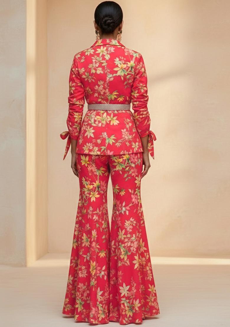 Red Floral Print Georgette Fusion Set - Indya