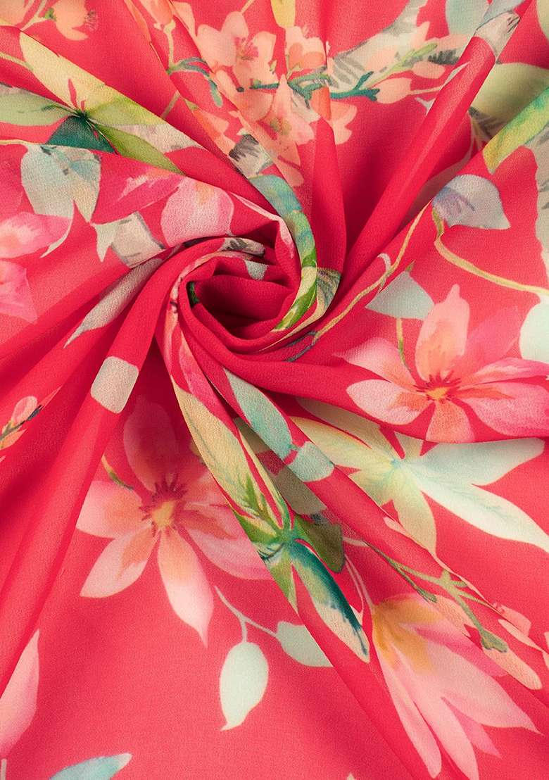 Red Georgette Fusion Set with Floral Print for Diwali | Wedding & Festive Wear - Indya