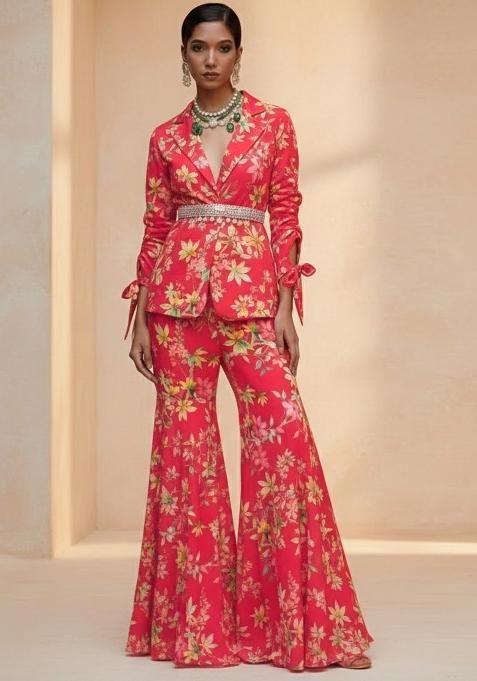 Red Floral Print Georgette Fusion Set