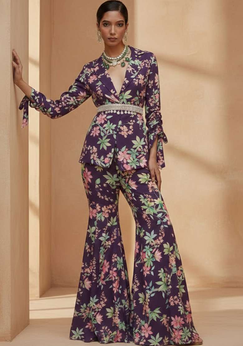 Deep Plum Floral Print Georgette Fusion Set for Diwali and Festive Wear - Indya