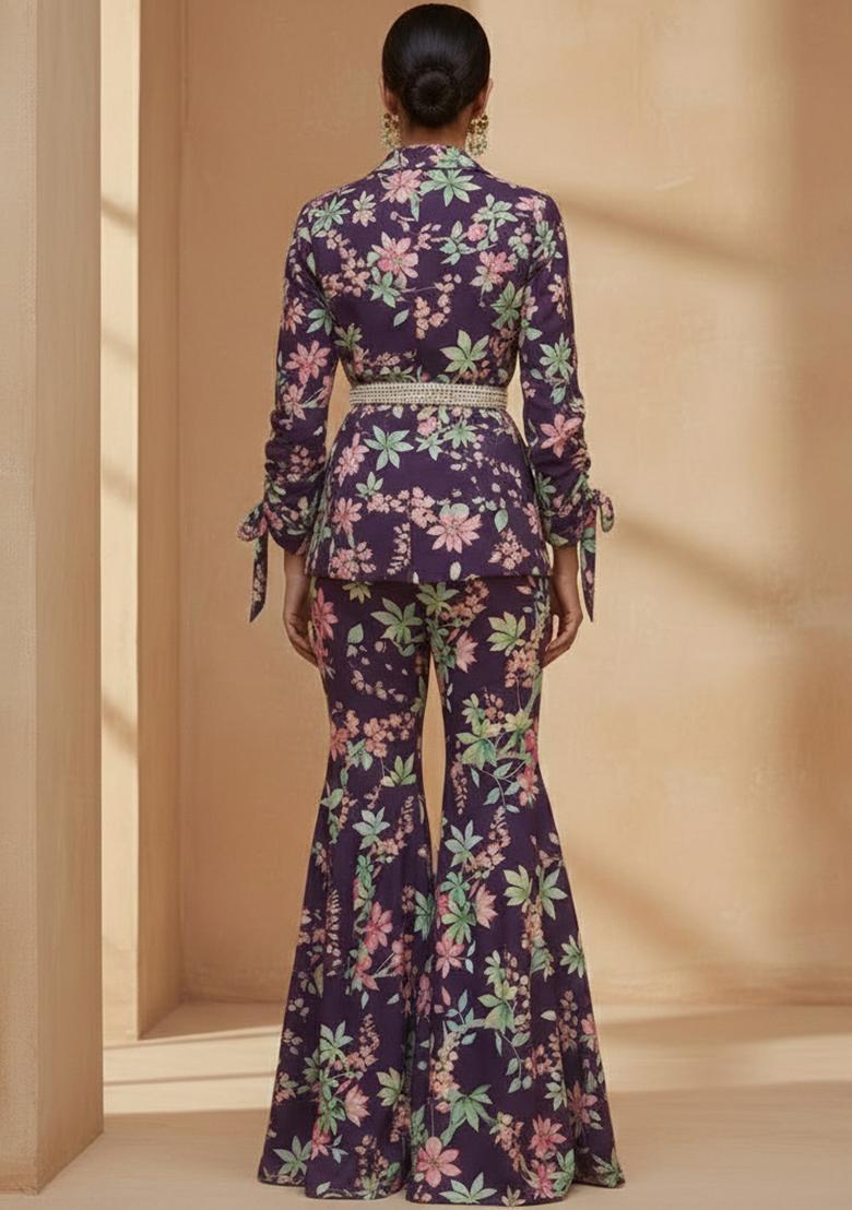 Deep Plum Floral Print Georgette Fusion Set - Indya