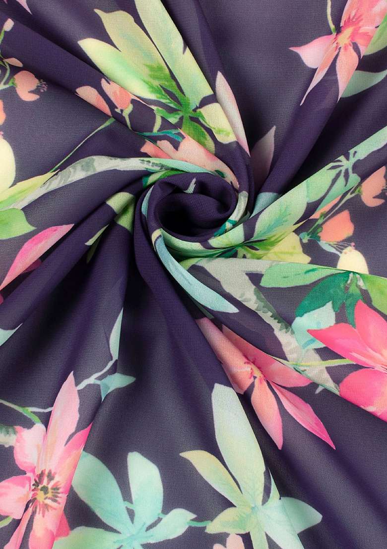 Deep Plum Floral Print Georgette Fusion Set for Diwali and Festive Wear - Indya
