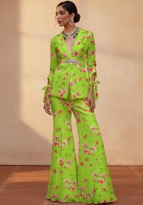 Leaf Green Floral Print Georgette Fusion Set