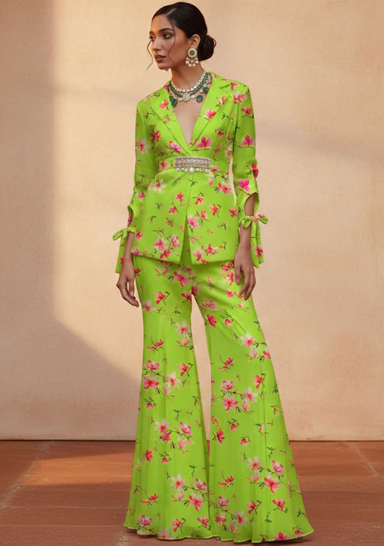 Leaf Green Floral Print Georgette Fusion Set - Indya