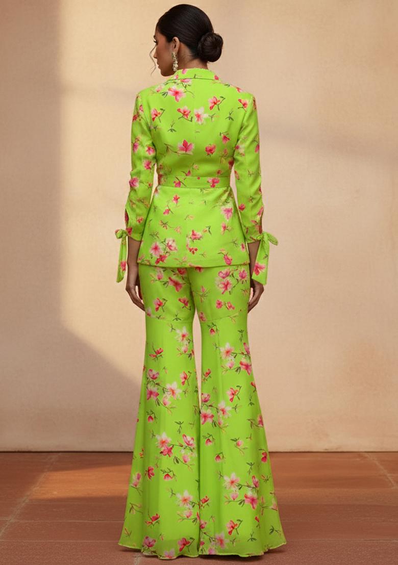 Leaf Green Floral Print Georgette Fusion Set - Indya