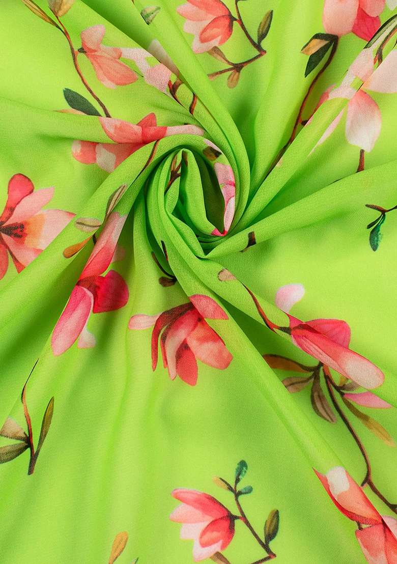 Leaf Green Floral Print Georgette Fusion Set - Indya