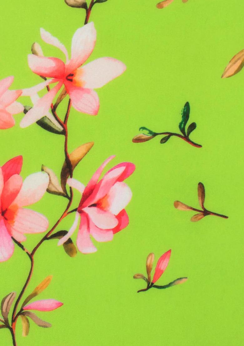 Leaf Green Floral Print Georgette Fusion Set - Indya