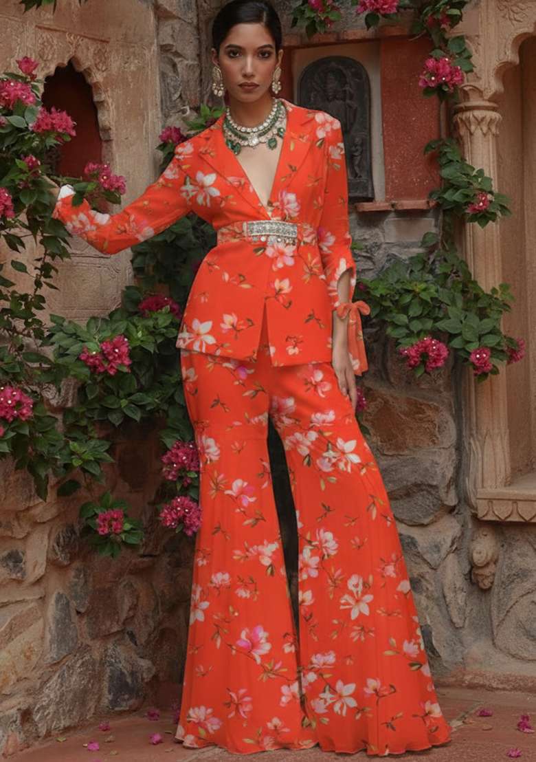 Orange Floral Print Georgette Fusion Set for Diwali and Festive Wear - Indya