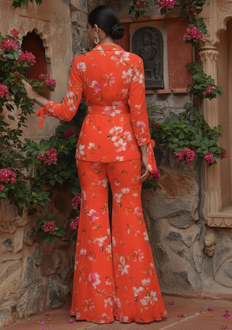 Orange Floral Print Georgette Fusion Set - Indya
