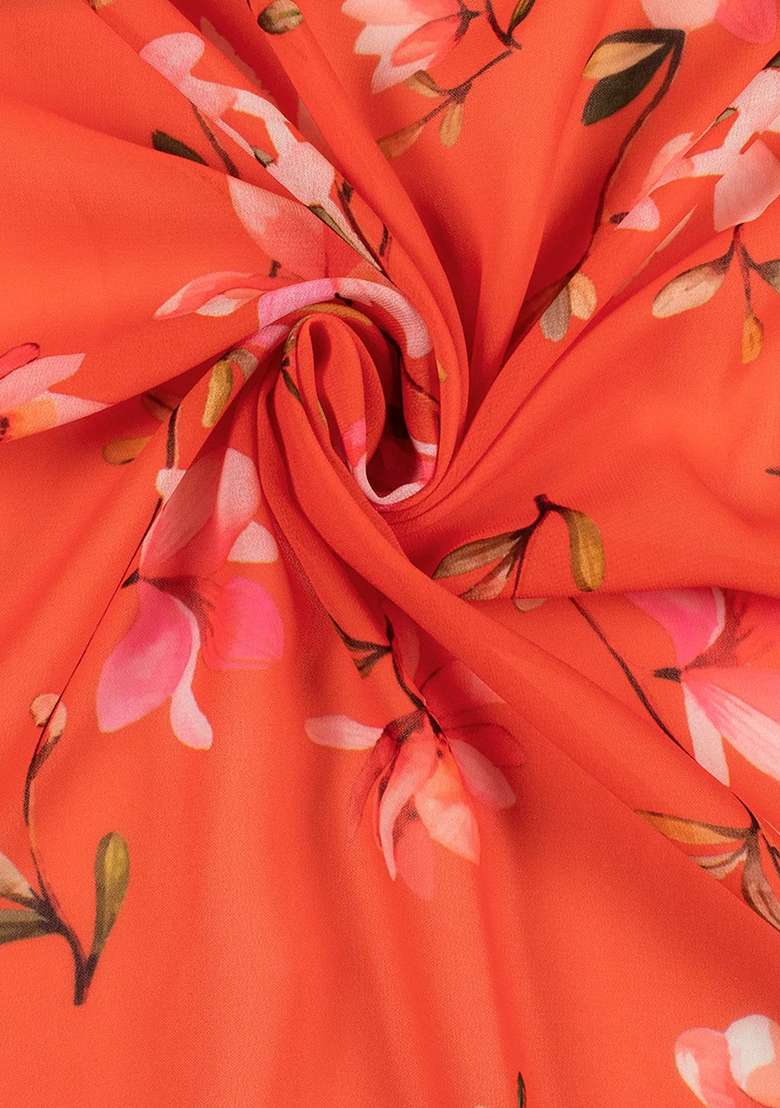 Orange Floral Print Georgette Fusion Set for Diwali and Festive Wear - Indya