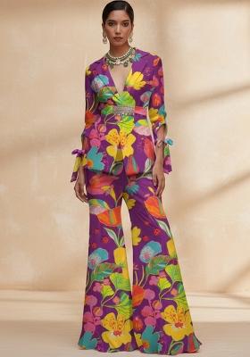 Purple Floral Print Georgette Fusion Set