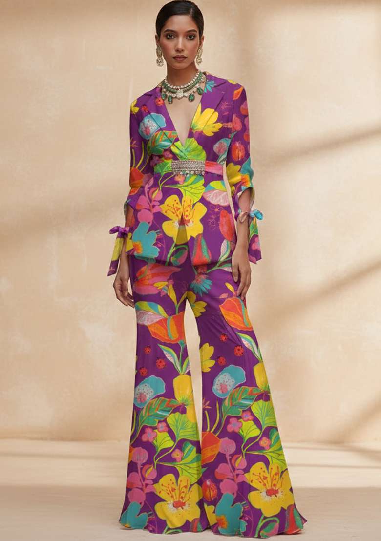 Purple Georgette Fusion Set with Floral Print for Diwali | Wedding & Festive Wear - Indya