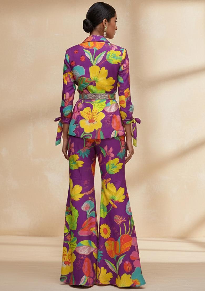 Purple Floral Print Georgette Fusion Set - Indya