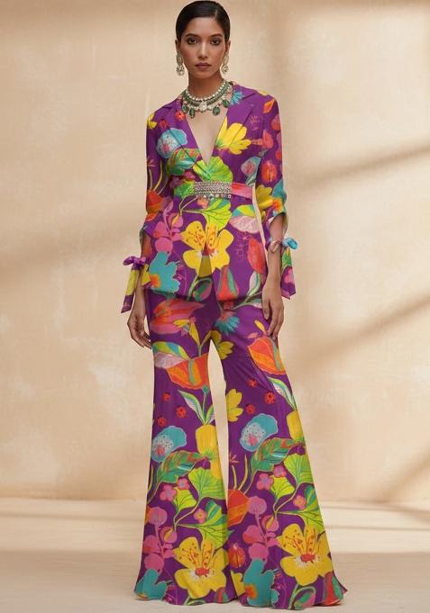 Purple Floral Print Georgette Fusion Set