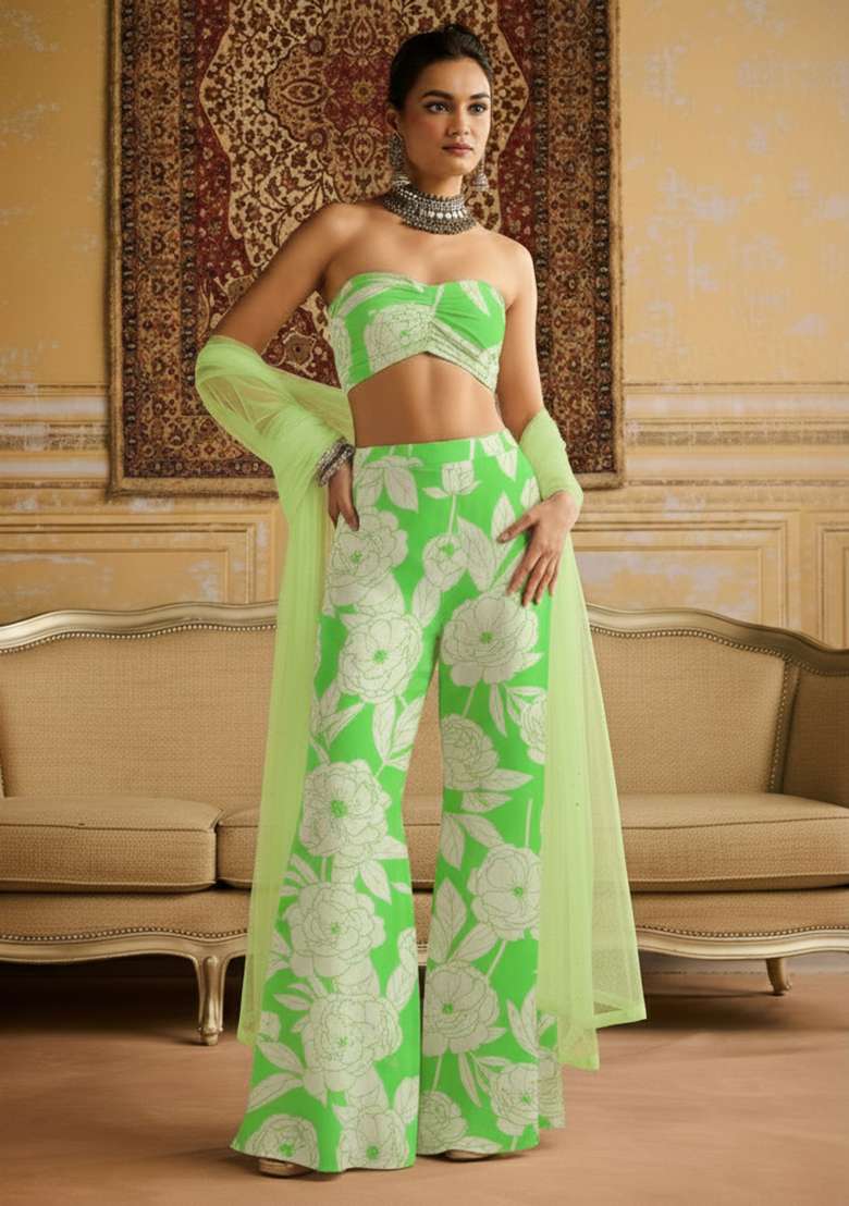 Lime Green Floral Print Crepe Fusion Set for Diwali and Festive Wear - Indya