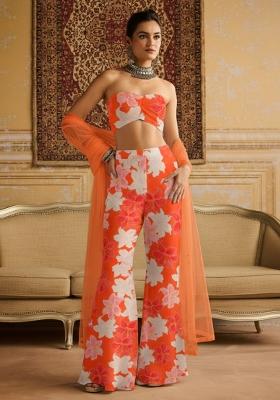 Coral Peach Floral Print Crepe Fusion Set