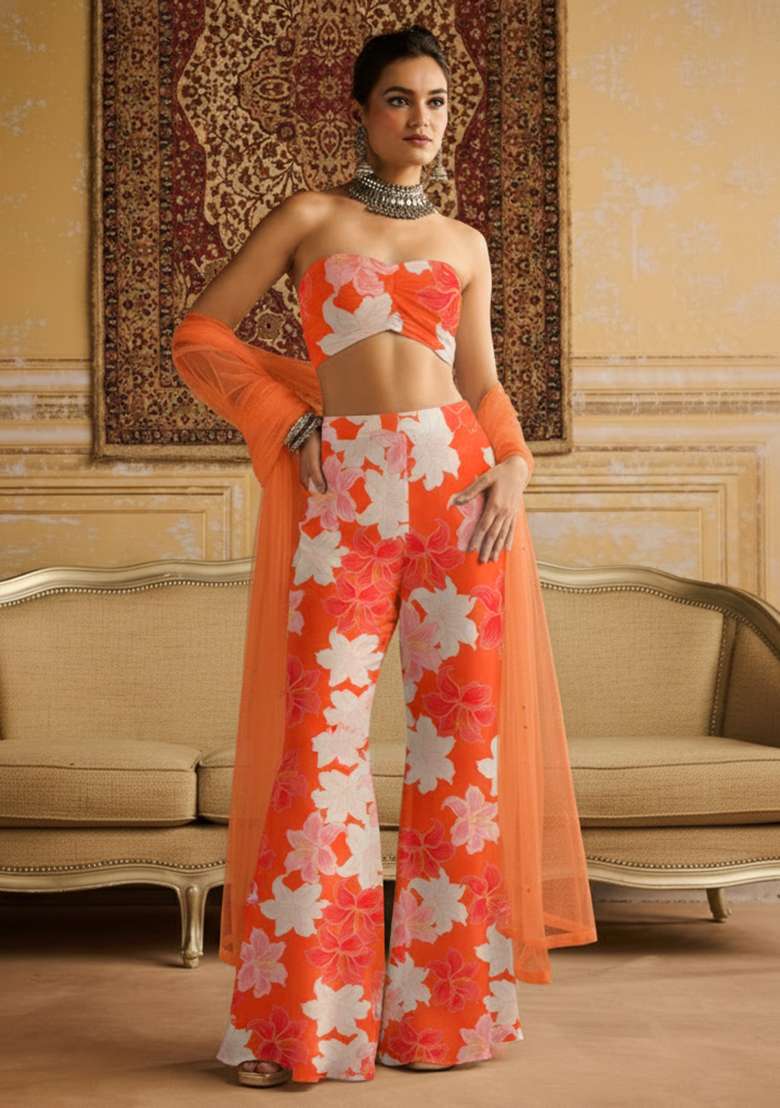 Coral Peach Floral Print Crepe Fusion Set for Diwali and Festive Wear - Indya