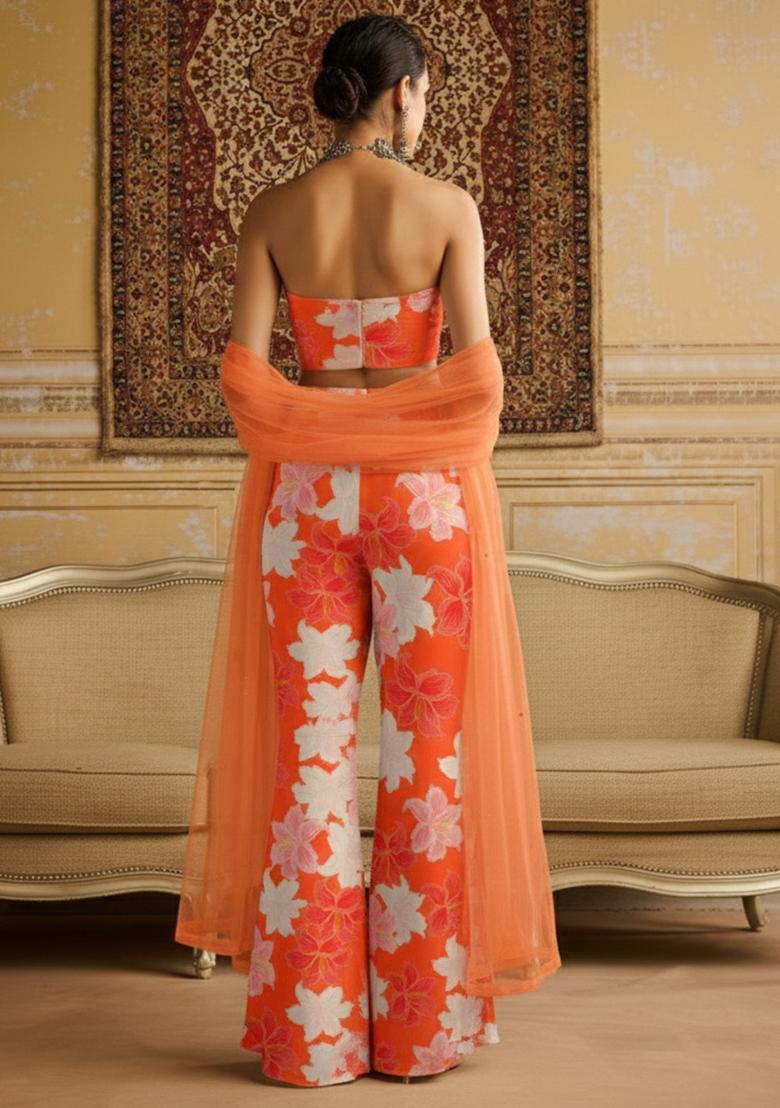 Coral Peach Floral Print Crepe Fusion Set - Indya