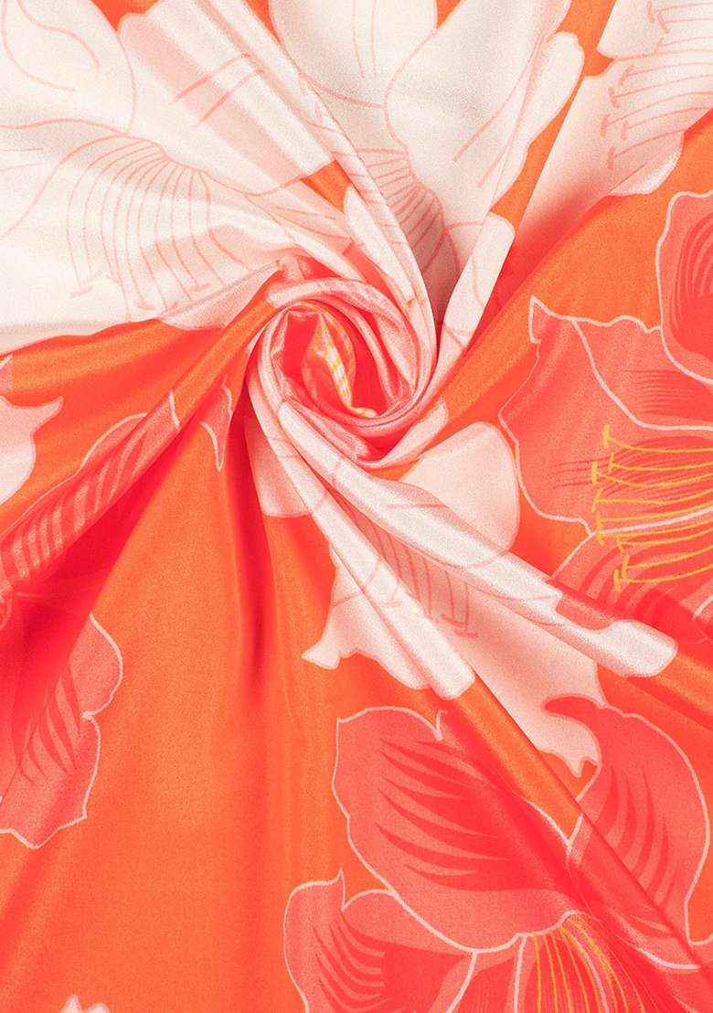 Coral Peach Floral Print Crepe Fusion Set for Diwali and Festive Wear - Indya