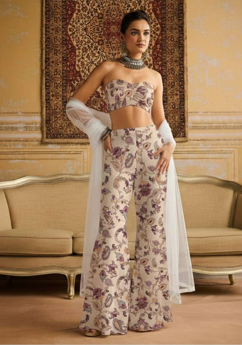 Cream Crepe Fusion Set with Floral Print for Diwali | Wedding & Festive Wear - Indya