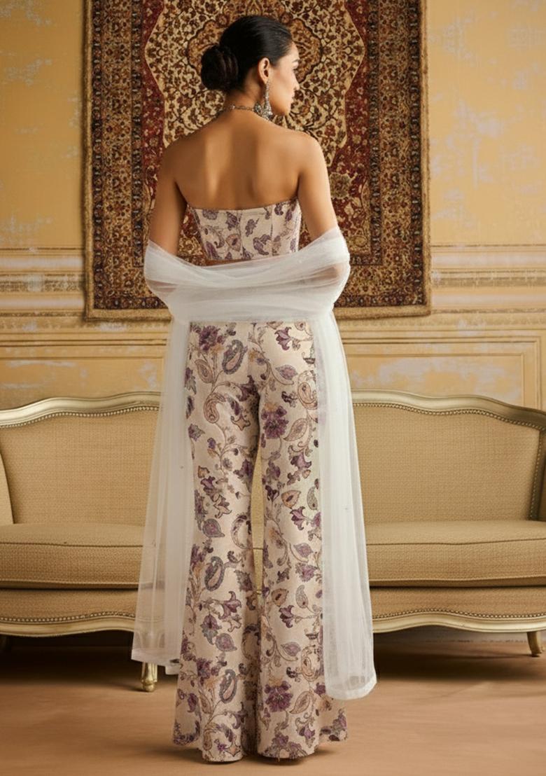 Cream Floral Print Crepe Fusion Set - Indya