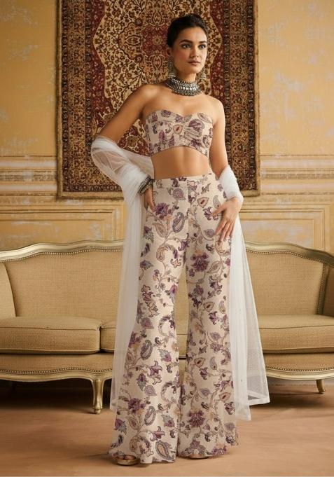 Cream Floral Print Crepe Fusion Set