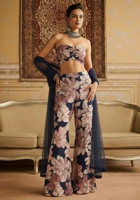Navy Blue Floral Print Crepe Fusion Set