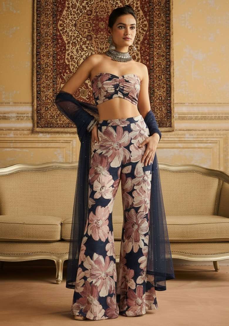 Navy Blue Crepe Fusion Set with Floral Print for Diwali | Wedding & Festive Wear - Indya