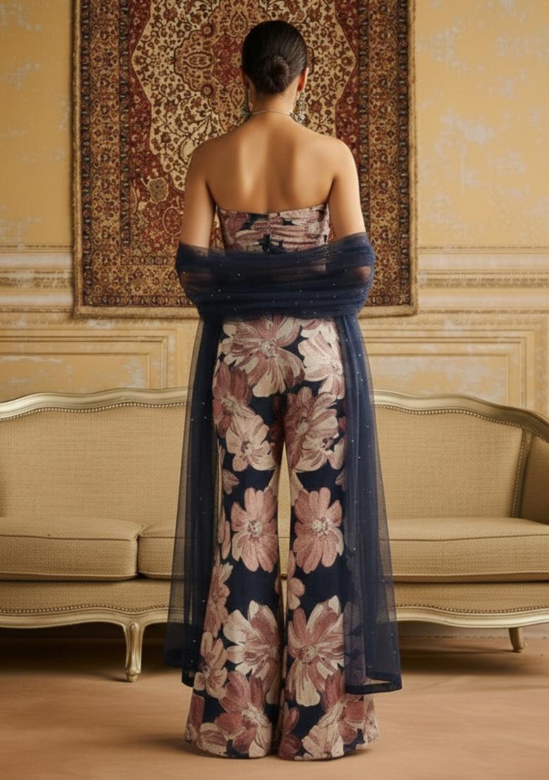 Navy Blue Floral Print Crepe Fusion Set - Indya