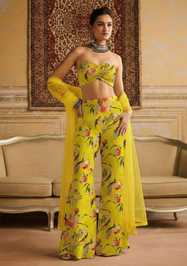 Lemon Yellow Floral Print Crepe Fusion Set for Diwali and Festive Wear - Indya