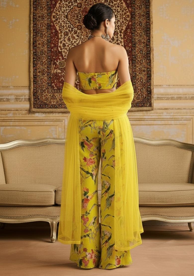 Lemon Yellow Floral Print Crepe Fusion Set - Indya