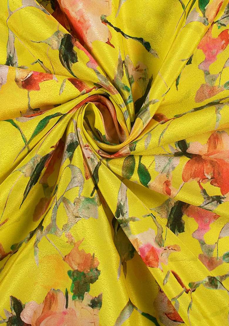 Lemon Yellow Floral Print Crepe Fusion Set for Diwali and Festive Wear - Indya