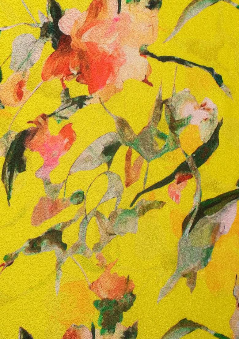 Lemon Yellow Floral Print Crepe Fusion Set - Indya