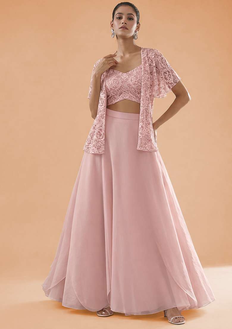 Blush Pink Embroidered Crepe Lehenga Set - Indya