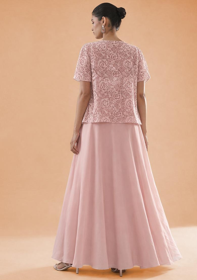 Blush Pink Embroidered Crepe Lehenga Set - Indya