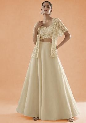 Off White Embroidered Crepe Lehenga Set