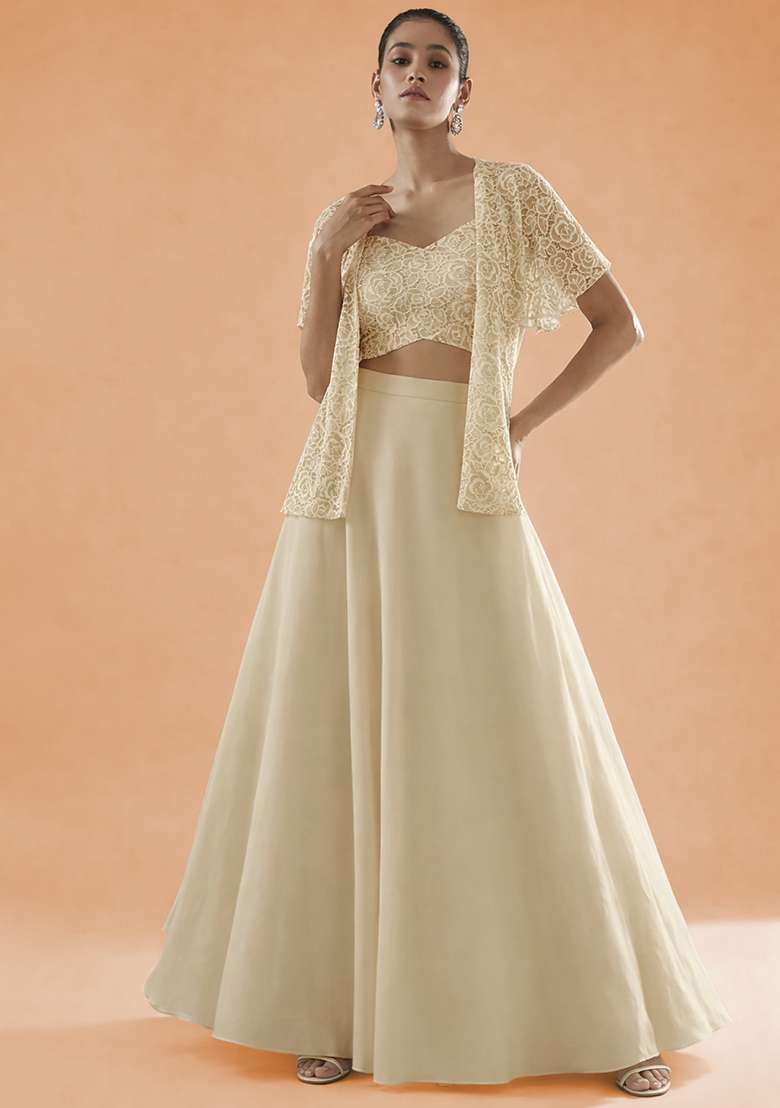 Off White Embroidered Crepe Lehenga Set - Indya