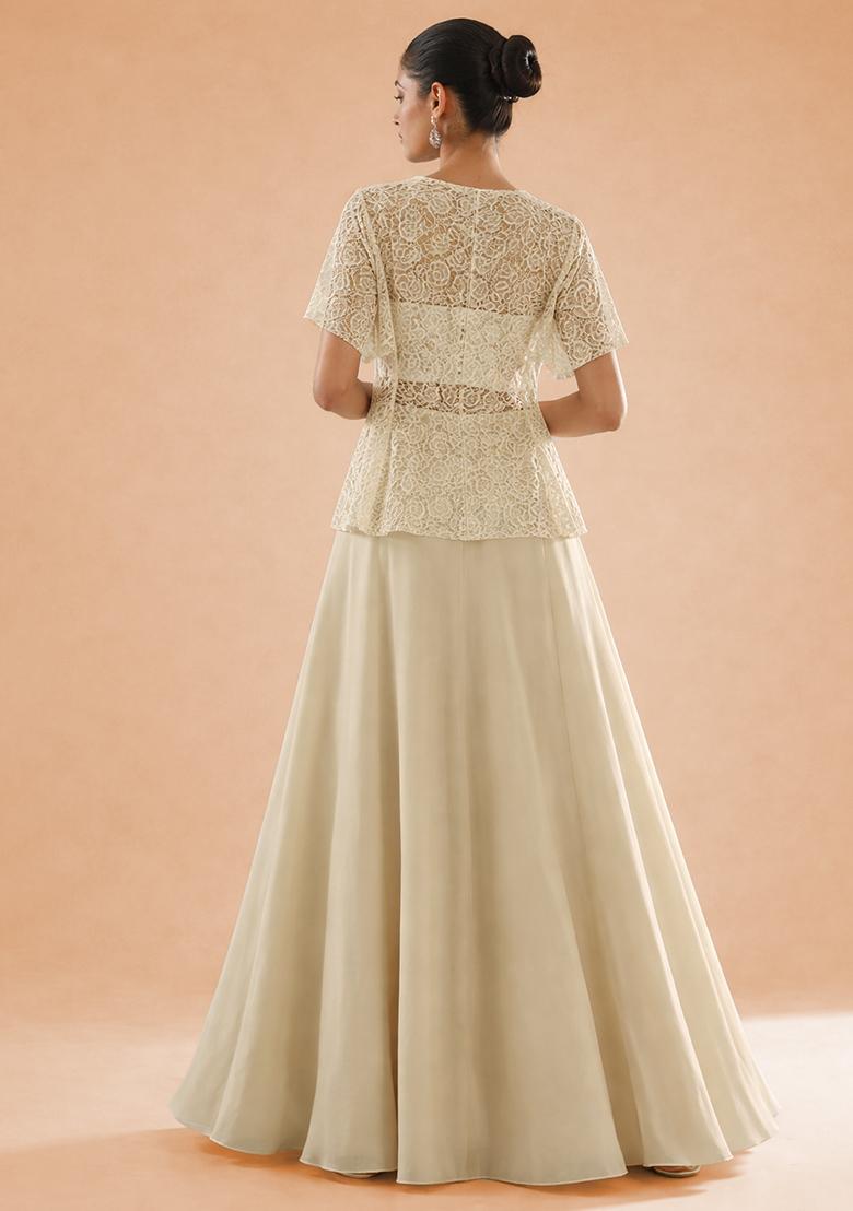 Off White Embroidered Crepe Lehenga Set - Indya