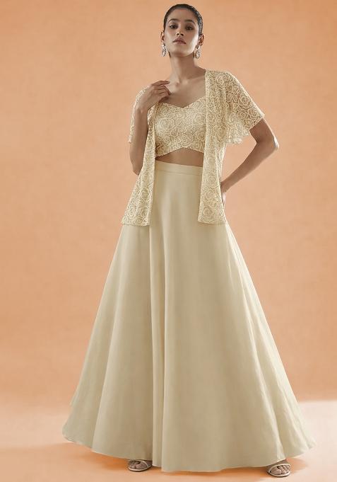 Off White Embroidered Crepe Lehenga Set