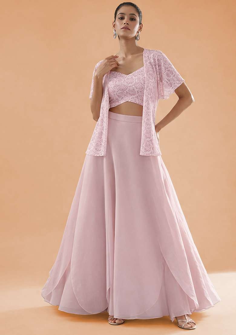 Soft Pink Embroidered Crepe Lehenga Set - Indya