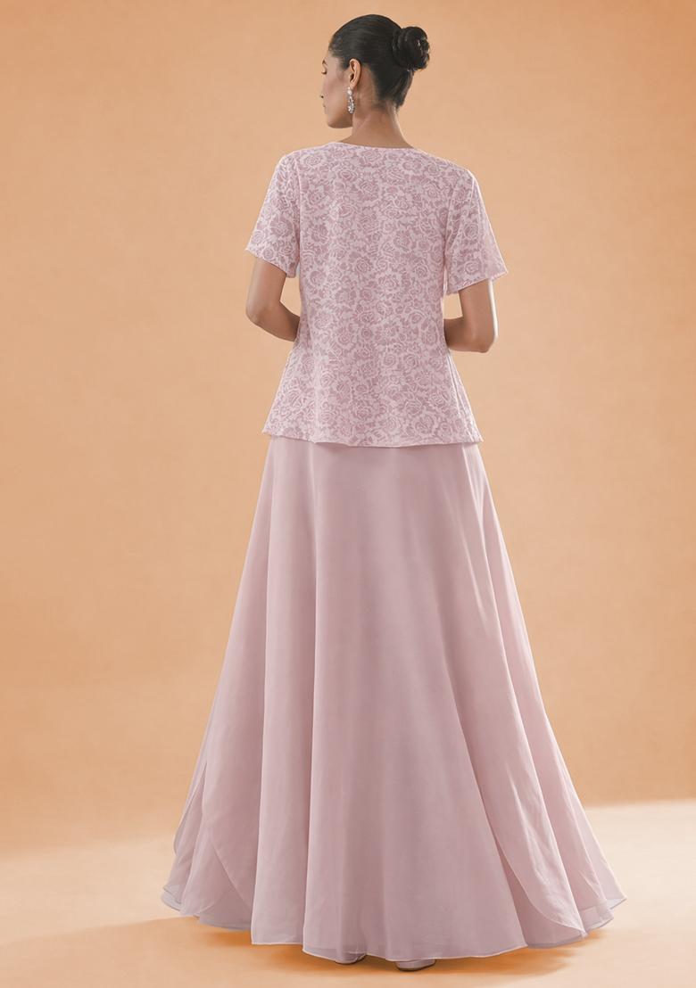 Soft Pink Embroidered Crepe Lehenga Set - Indya