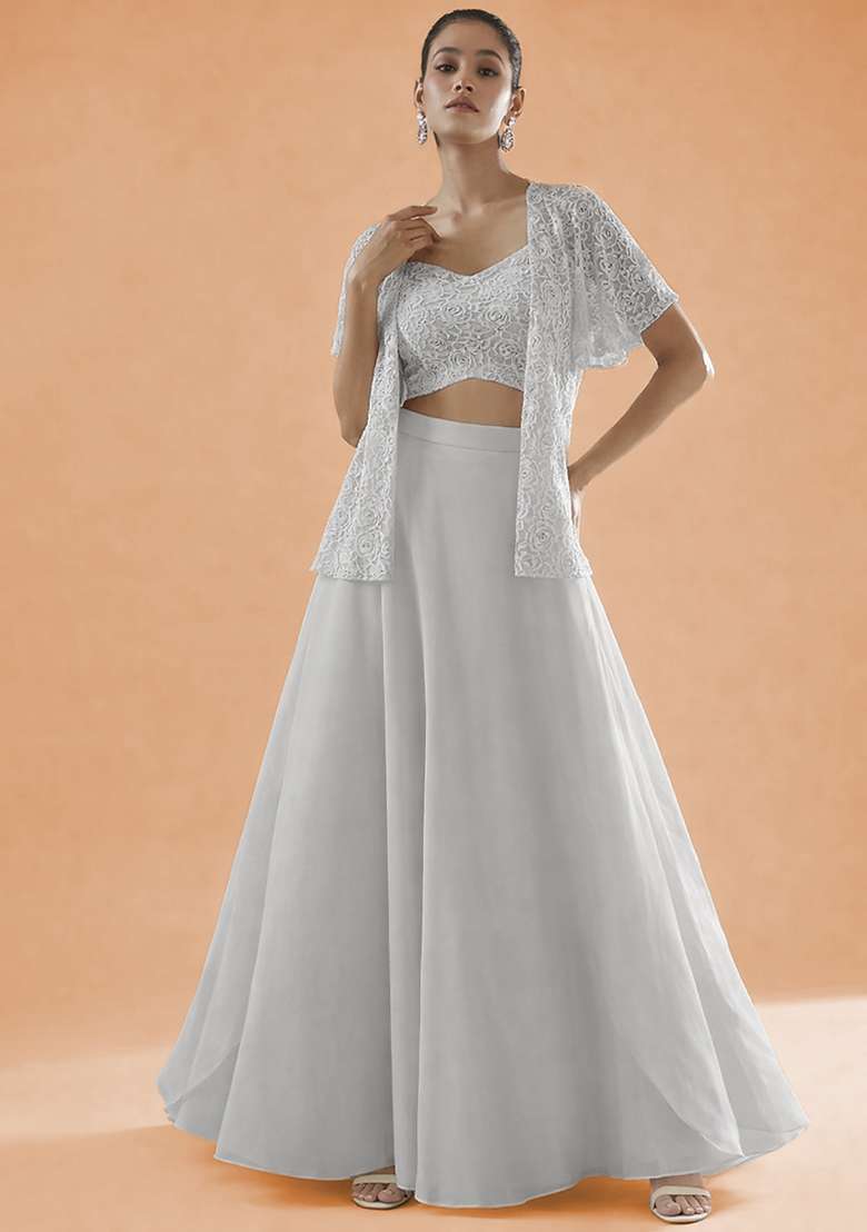Ivory Embroidered Crepe Lehenga Set - Indya