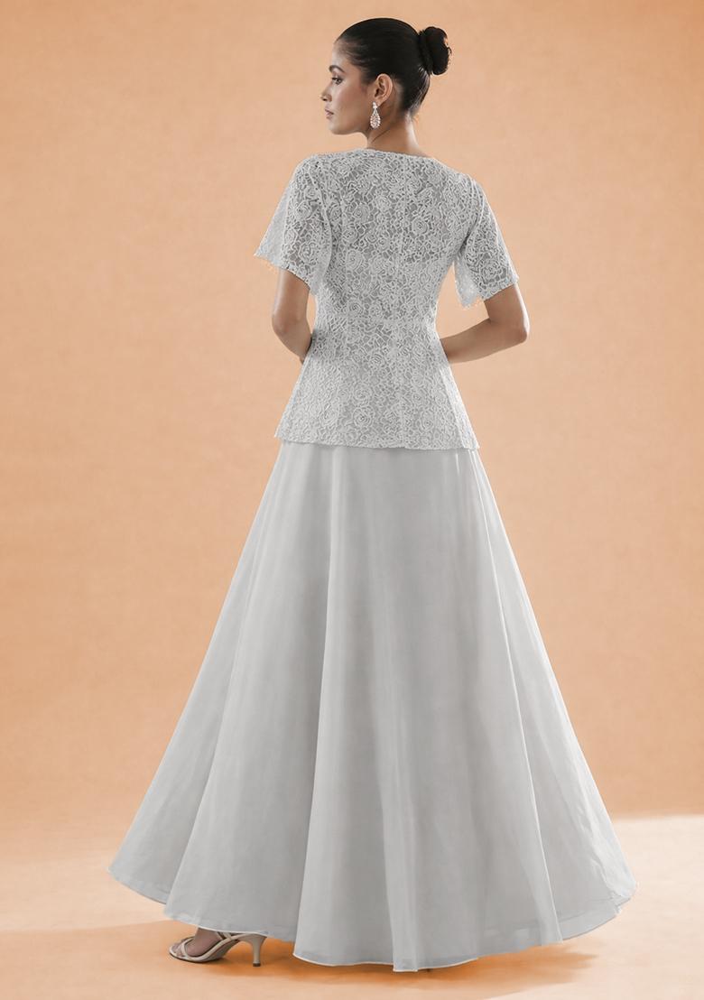 Ivory Embroidered Crepe Lehenga Set - Indya