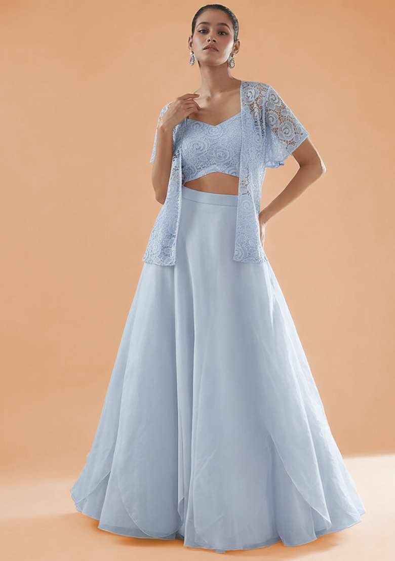 Powder Blue Embroidered Crepe Lehenga Set - Indya